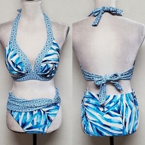 Sweet Escape Blue Leaf Floral Paisley Padded Halter Top Roll Top Bottom Bikini 8